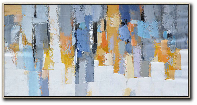 Horizontal Palette Knife Contemporary Art,Giant Canvas Wall Art,White,Grey,Orange,Yellow,Blue